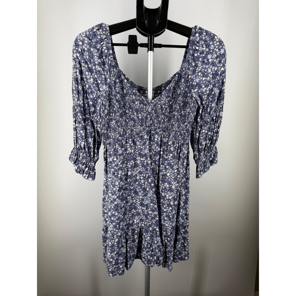 Hollister Blue Floral Smocked Mini Dress Womens Medium Ruffle Sleeve Square Neck
